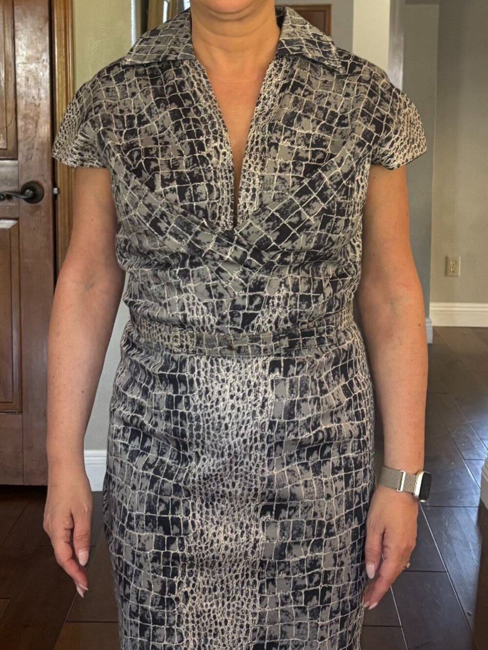 Samantha Sung London Croc Print Wrap Dress Size 8 Navy Cap Sleeve Lined